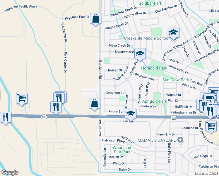 map of restaurants, bars, coffee shops, grocery stores, and more near 1444 Henley Parkway in Patterson