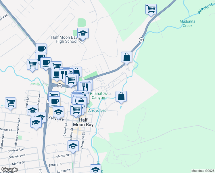 map of restaurants, bars, coffee shops, grocery stores, and more near 158 Patrick Way in Half Moon Bay