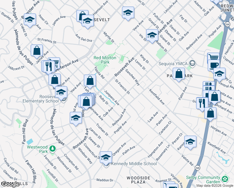 map of restaurants, bars, coffee shops, grocery stores, and more near 1176 Valota Road in Redwood City