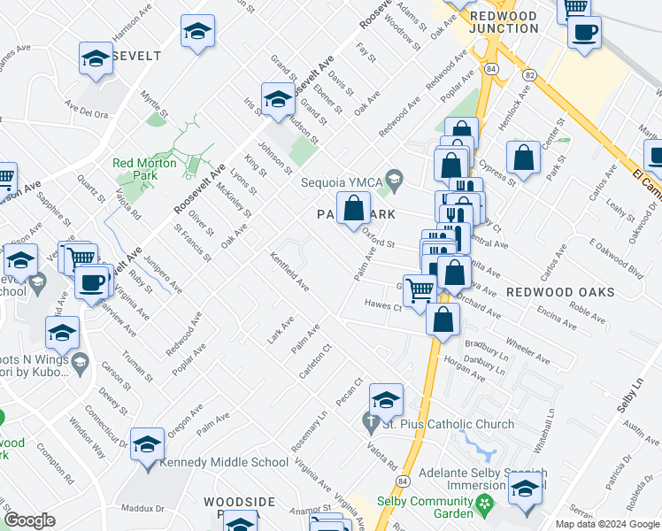 map of restaurants, bars, coffee shops, grocery stores, and more near 1440 Gordon Street in Redwood City