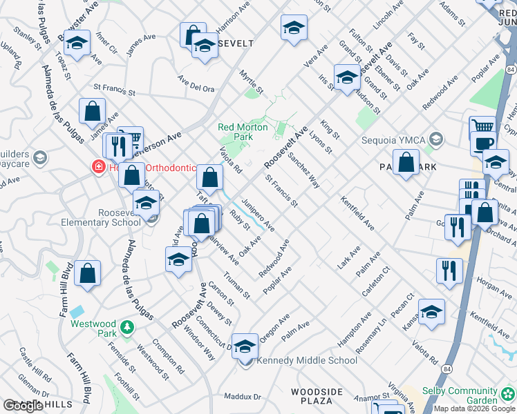 map of restaurants, bars, coffee shops, grocery stores, and more near 1116 Valota Road in Redwood City