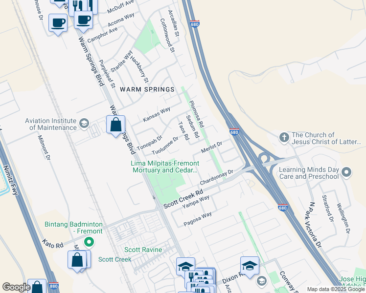 map of restaurants, bars, coffee shops, grocery stores, and more near 48830 Big Horn Court in Fremont
