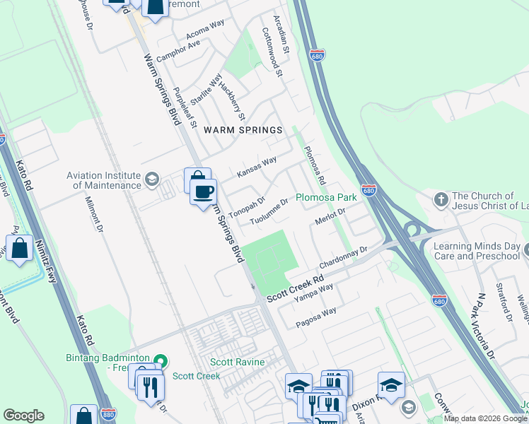 map of restaurants, bars, coffee shops, grocery stores, and more near 230 Tuolumne Drive in Fremont