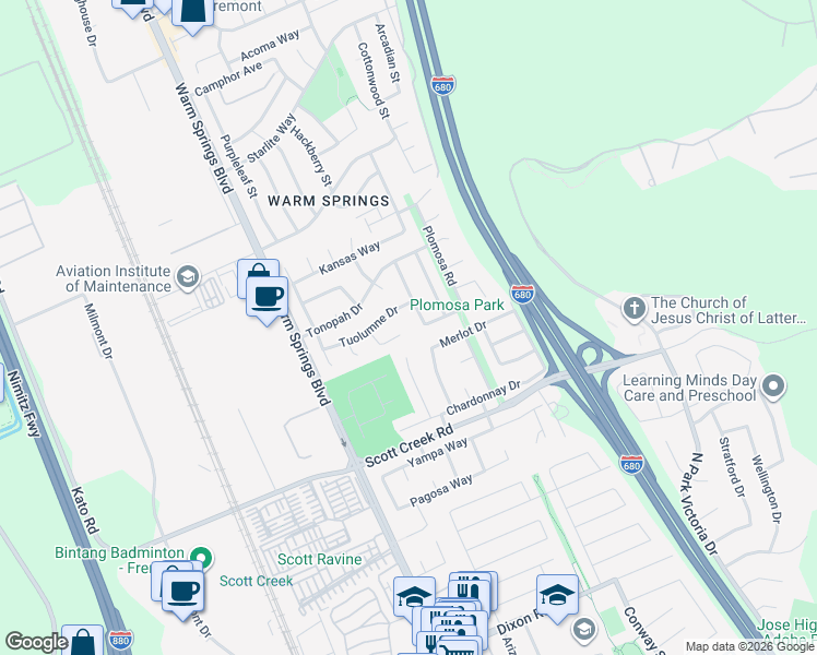 map of restaurants, bars, coffee shops, grocery stores, and more near 48830 Big Horn Court in Fremont
