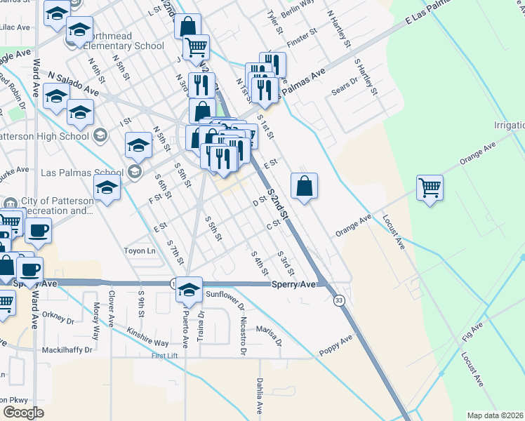 map of restaurants, bars, coffee shops, grocery stores, and more near 305 South 2nd Street in Patterson