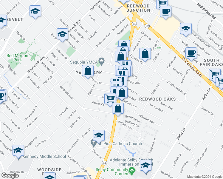 map of restaurants, bars, coffee shops, grocery stores, and more near 1591 Regent Street in Redwood City