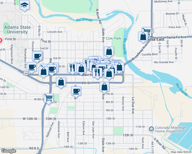 map of restaurants, bars, coffee shops, grocery stores, and more near 630 Main Street in Alamosa