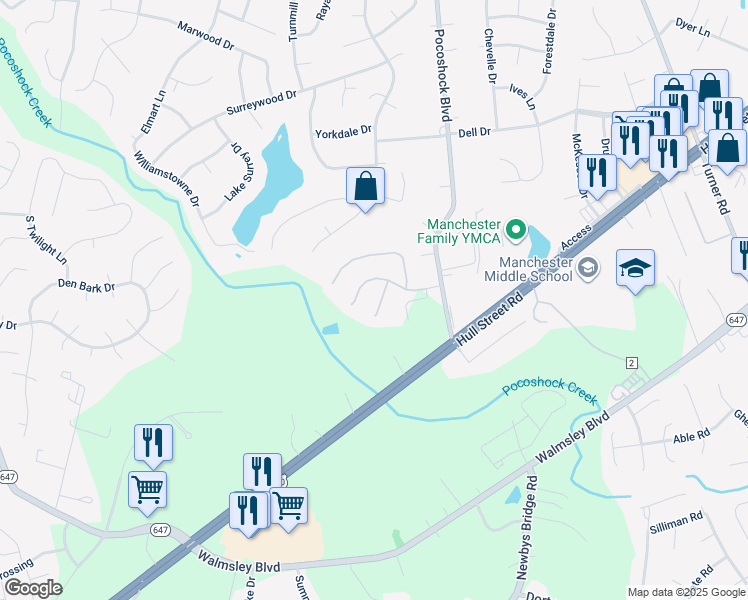 map of restaurants, bars, coffee shops, grocery stores, and more near 2618 Jacob Way Court in Richmond