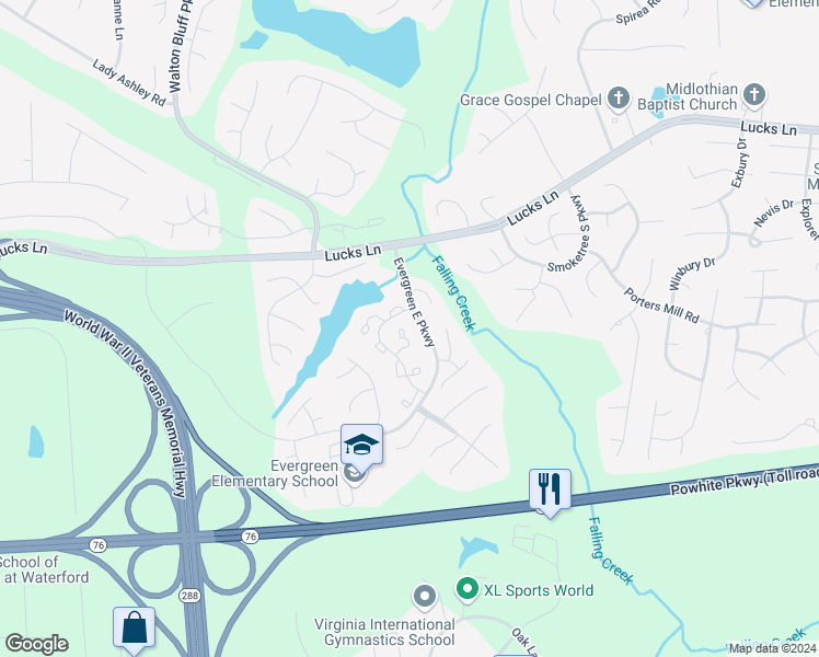 map of restaurants, bars, coffee shops, grocery stores, and more near 1409 Groton Court in Midlothian