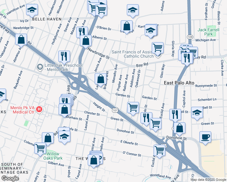 map of restaurants, bars, coffee shops, grocery stores, and more near 2210 Menalto Avenue in East Palo Alto