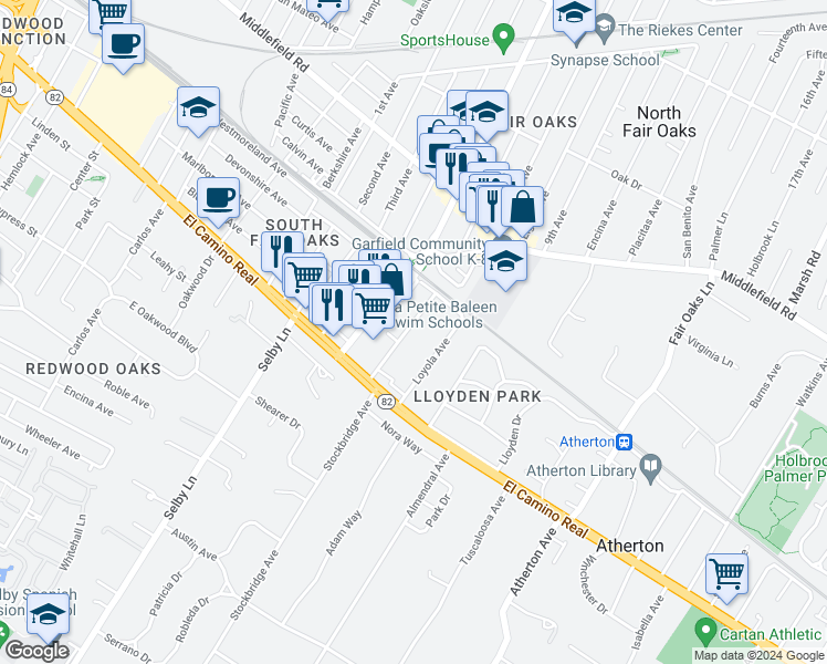 map of restaurants, bars, coffee shops, grocery stores, and more near 98 Amherst Avenue in Menlo Park