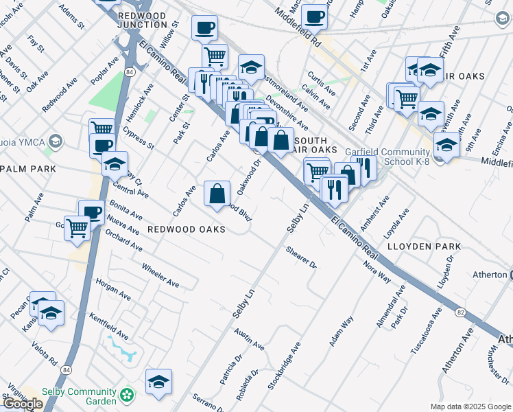 map of restaurants, bars, coffee shops, grocery stores, and more near 415 Oak Avenue in Redwood City