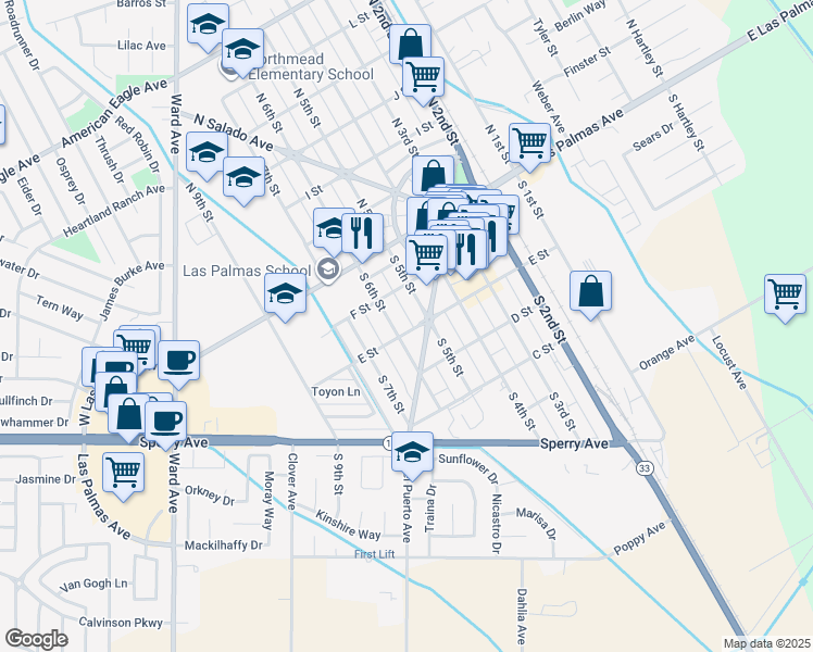 map of restaurants, bars, coffee shops, grocery stores, and more near 108 South 6th Street in Patterson