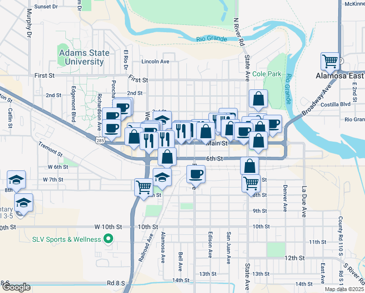 map of restaurants, bars, coffee shops, grocery stores, and more near 2 Bell Avenue in Alamosa