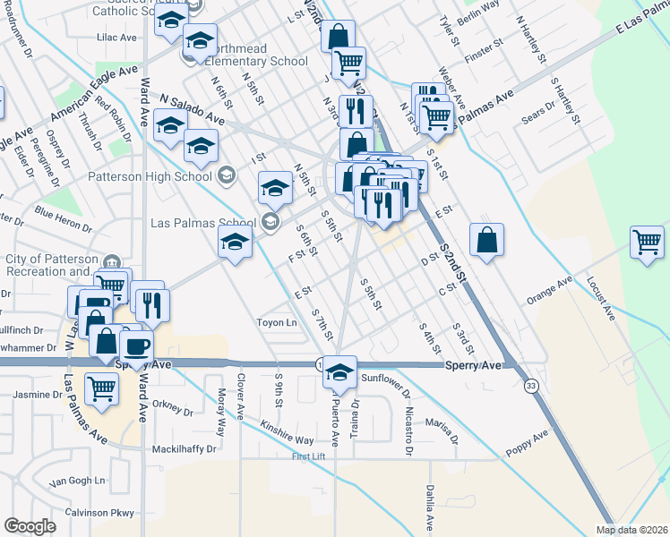 map of restaurants, bars, coffee shops, grocery stores, and more near 108 South 6th Street in Patterson