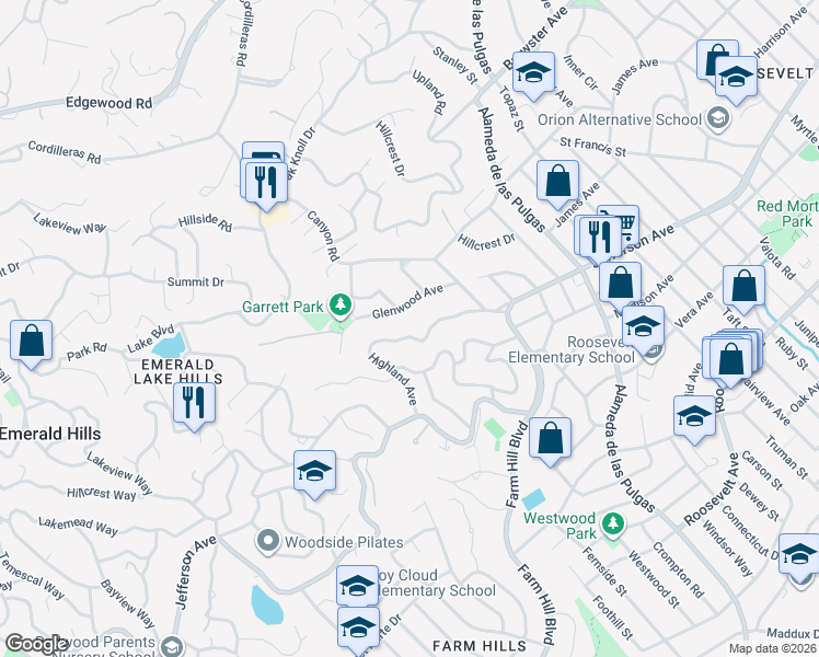 map of restaurants, bars, coffee shops, grocery stores, and more near 3603 Glenwood Avenue in Redwood City