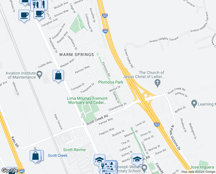 map of restaurants, bars, coffee shops, grocery stores, and more near 485 Wilaneta Avenue in Fremont