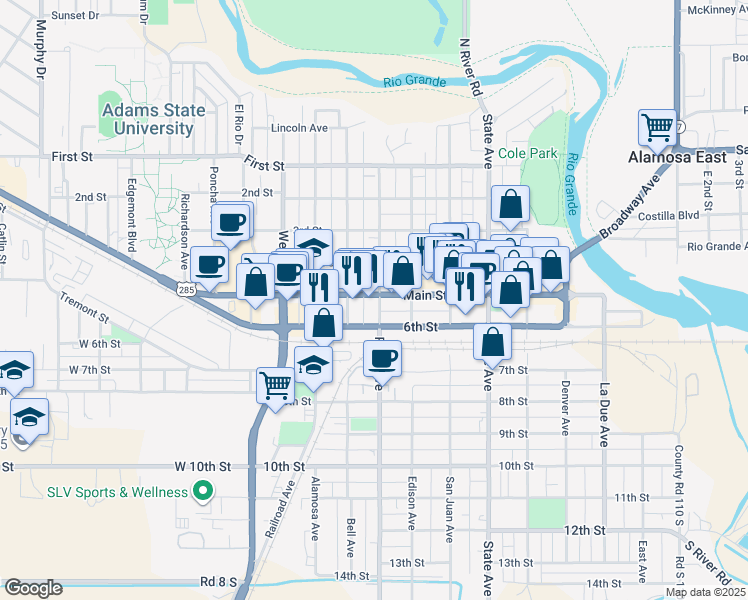 map of restaurants, bars, coffee shops, grocery stores, and more near 823 Main Street in Alamosa