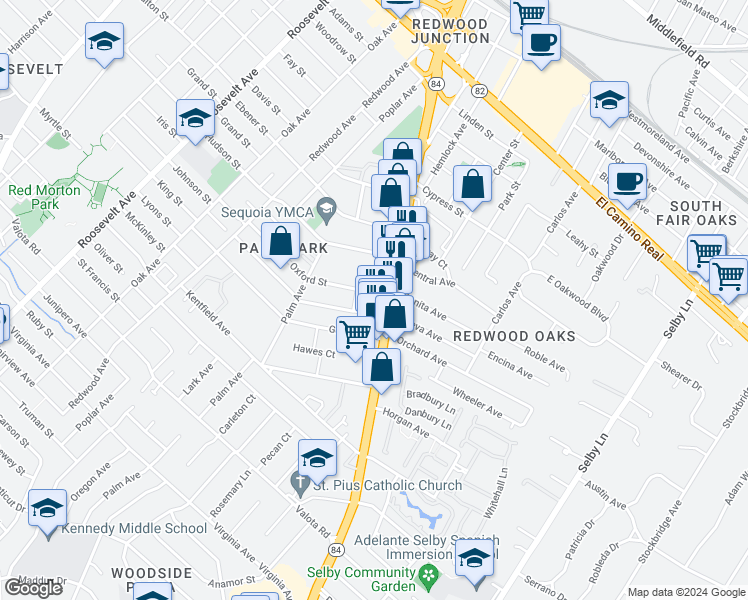 map of restaurants, bars, coffee shops, grocery stores, and more near 1619 Oxford Street in Redwood City