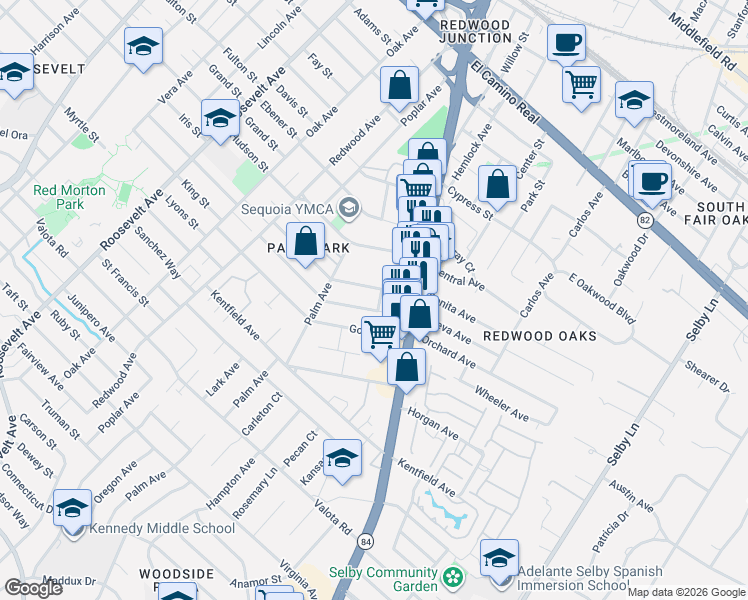 map of restaurants, bars, coffee shops, grocery stores, and more near 1555 Oxford Street in Redwood City