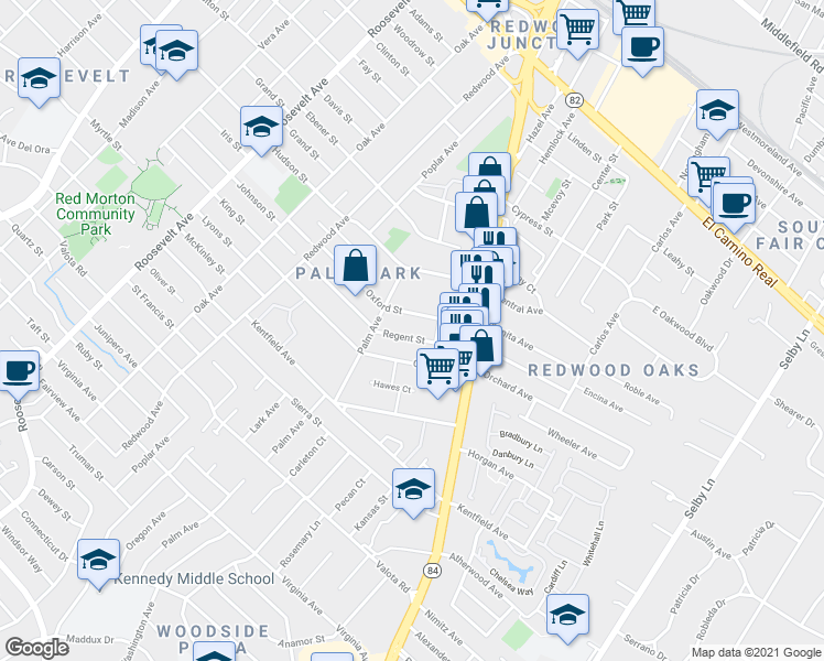 map of restaurants, bars, coffee shops, grocery stores, and more near 1555 Oxford Street in Redwood City