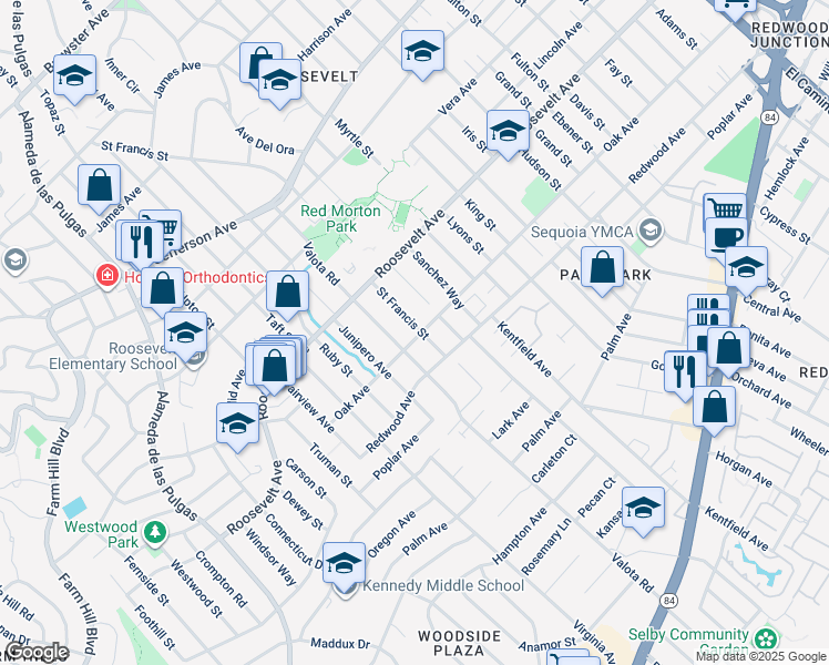 map of restaurants, bars, coffee shops, grocery stores, and more near 1144 Saint Francis Street in Redwood City