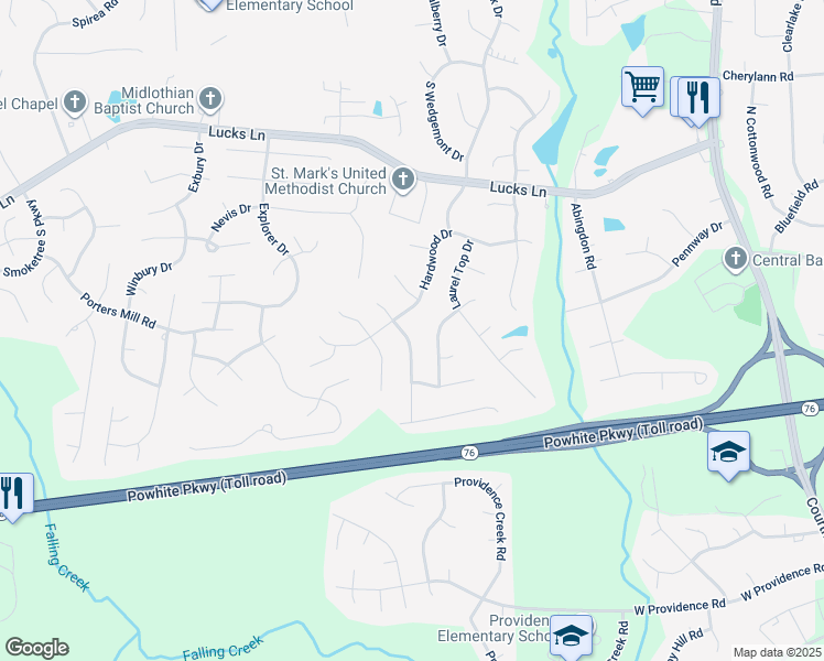 map of restaurants, bars, coffee shops, grocery stores, and more near 1507 Crawford Wood Drive in Midlothian