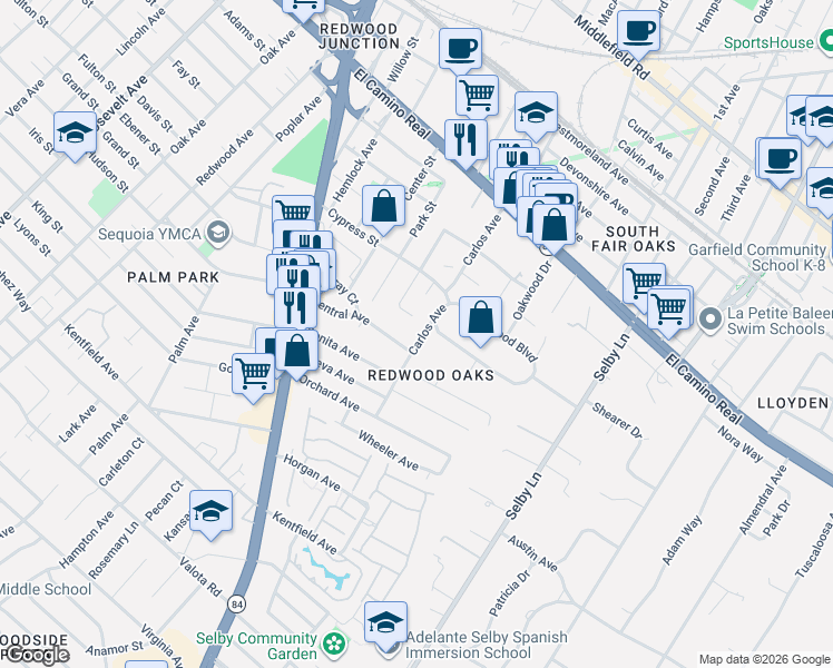 map of restaurants, bars, coffee shops, grocery stores, and more near 425 Carlos Avenue in Redwood City