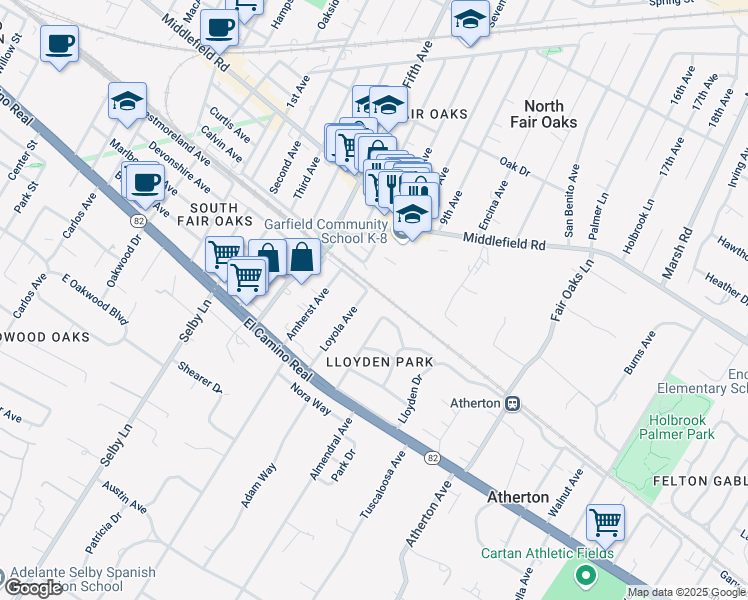 map of restaurants, bars, coffee shops, grocery stores, and more near 198 Loyola Avenue in Menlo Park