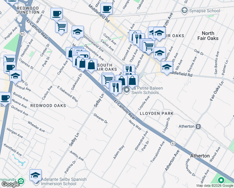 map of restaurants, bars, coffee shops, grocery stores, and more near 19 Columbia Avenue in Redwood City