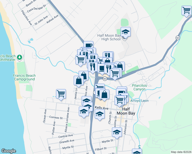 map of restaurants, bars, coffee shops, grocery stores, and more near Cabrillo Highway in Half Moon Bay