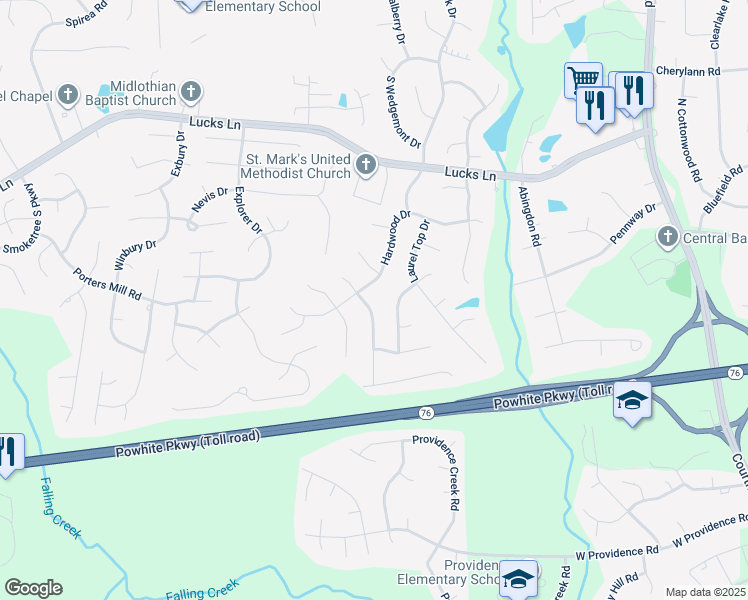 map of restaurants, bars, coffee shops, grocery stores, and more near 1507 Crawford Wood Drive in Midlothian