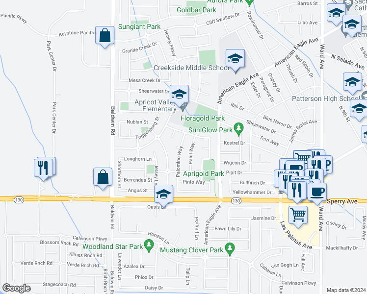 map of restaurants, bars, coffee shops, grocery stores, and more near 202 Palomino Way in Patterson