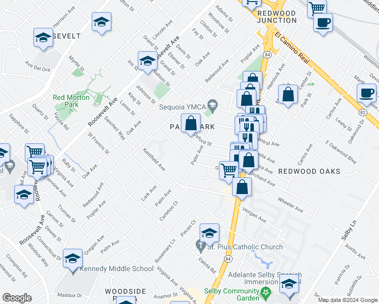map of restaurants, bars, coffee shops, grocery stores, and more near 1472 Regent Street in Redwood City