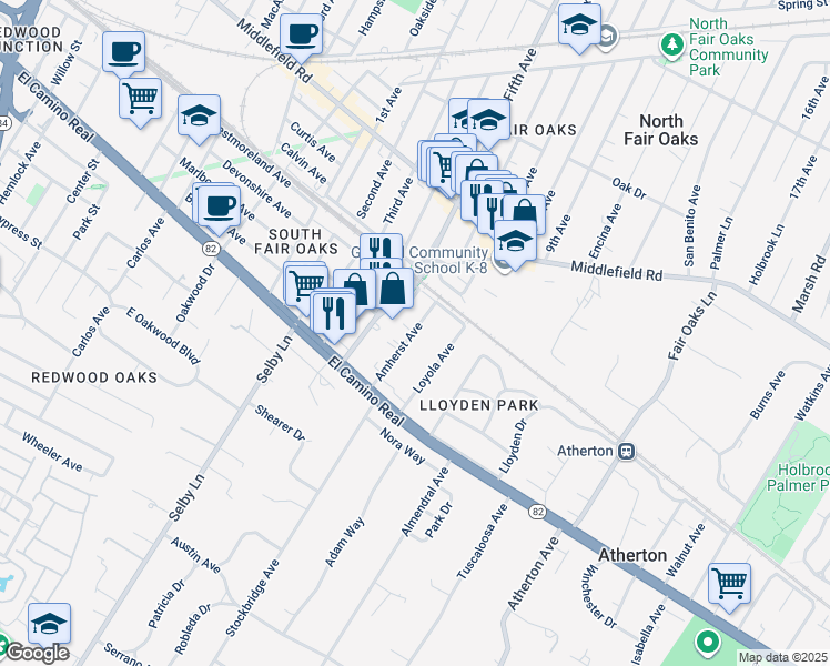 map of restaurants, bars, coffee shops, grocery stores, and more near 120 Amherst Avenue in Menlo Park