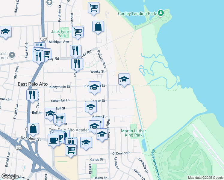 map of restaurants, bars, coffee shops, grocery stores, and more near 1106 Mandela Court in East Palo Alto