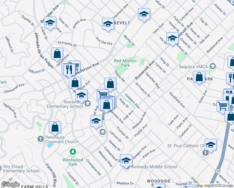map of restaurants, bars, coffee shops, grocery stores, and more near 1047 Ruby Street in Redwood City