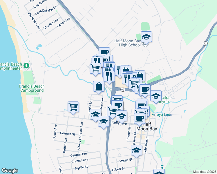 map of restaurants, bars, coffee shops, grocery stores, and more near 2 Cabrillo Highway North in Half Moon Bay