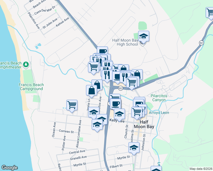 map of restaurants, bars, coffee shops, grocery stores, and more near 2 Cabrillo Highway in Half Moon Bay