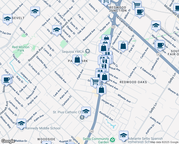 map of restaurants, bars, coffee shops, grocery stores, and more near 1555 Oxford Street in Redwood City