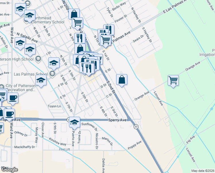 map of restaurants, bars, coffee shops, grocery stores, and more near 305 South 2nd Street in Patterson