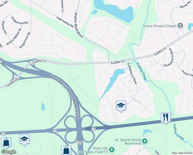 map of restaurants, bars, coffee shops, grocery stores, and more near 1416 Water Willow Drive in Midlothian