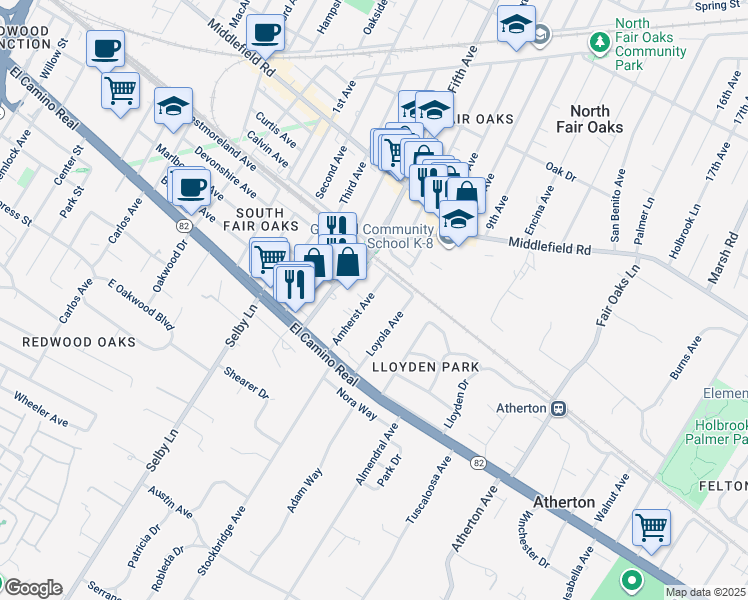 map of restaurants, bars, coffee shops, grocery stores, and more near 120 Amherst Avenue in Menlo Park