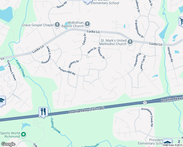 map of restaurants, bars, coffee shops, grocery stores, and more near 1907 Porters Mill Road in Midlothian