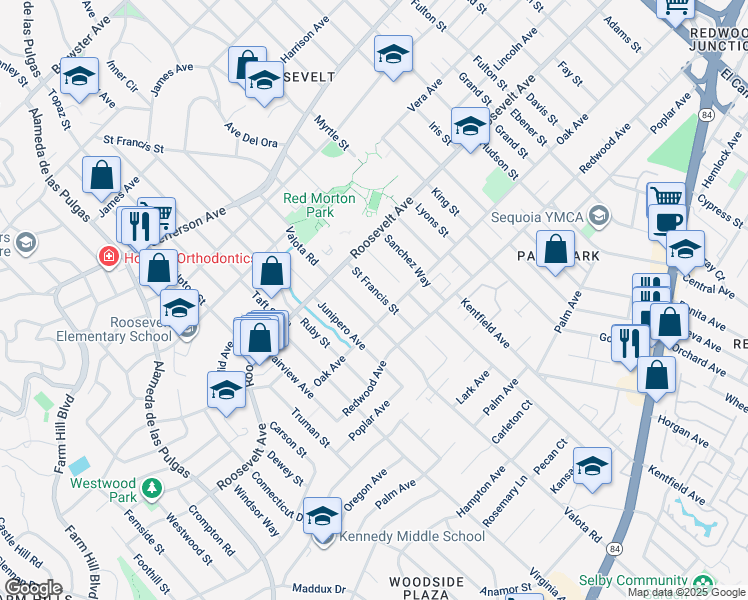 map of restaurants, bars, coffee shops, grocery stores, and more near 1144 Saint Francis Street in Redwood City