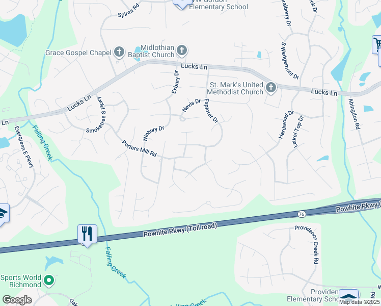 map of restaurants, bars, coffee shops, grocery stores, and more near 1907 Porters Mill Road in Midlothian