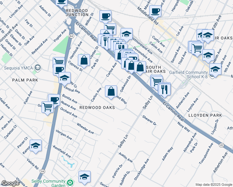 map of restaurants, bars, coffee shops, grocery stores, and more near 325 East Oakwood Boulevard in Redwood City