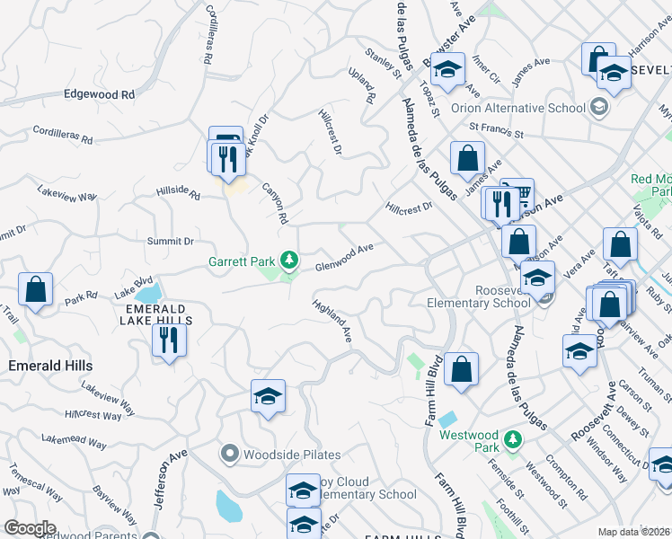 map of restaurants, bars, coffee shops, grocery stores, and more near 3603 Glenwood Avenue in Redwood City