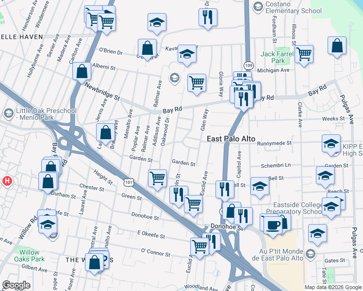 map of restaurants, bars, coffee shops, grocery stores, and more near 2336 Palo Verde Avenue in East Palo Alto