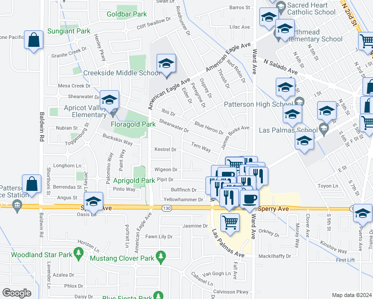 map of restaurants, bars, coffee shops, grocery stores, and more near 1163 Kestrel Drive in Patterson